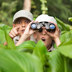 two boys in a jungle with binoculars