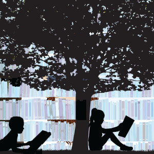 a girl and a boy reading by a tree